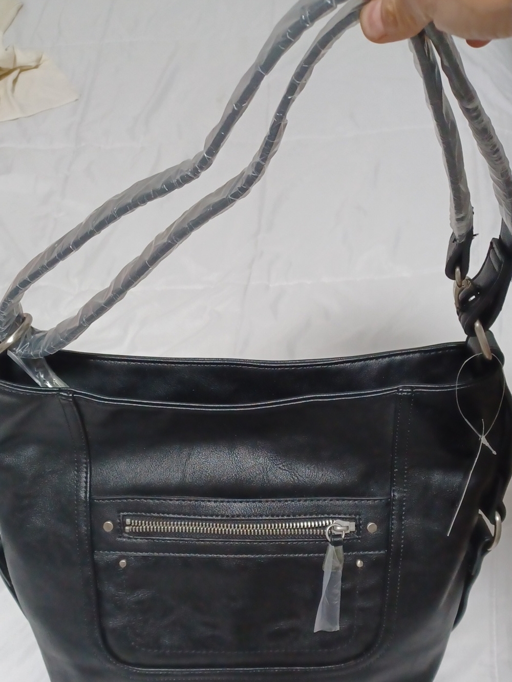 INC International Concepts Black Leather Shoulder Bag with Front Zip